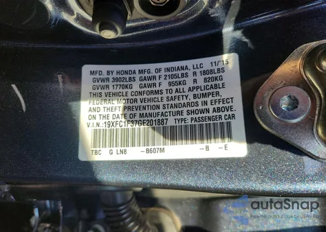 2016 Honda Civic Ex from USA, damaged, VIN 19XFC1F37GE201887